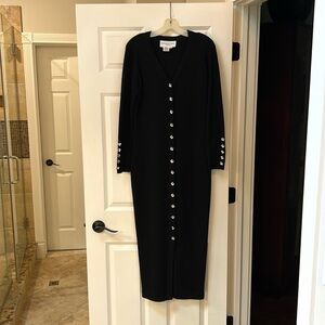 Adrienne Vittadini black maxi evening dress with crystal buttons. Size 8